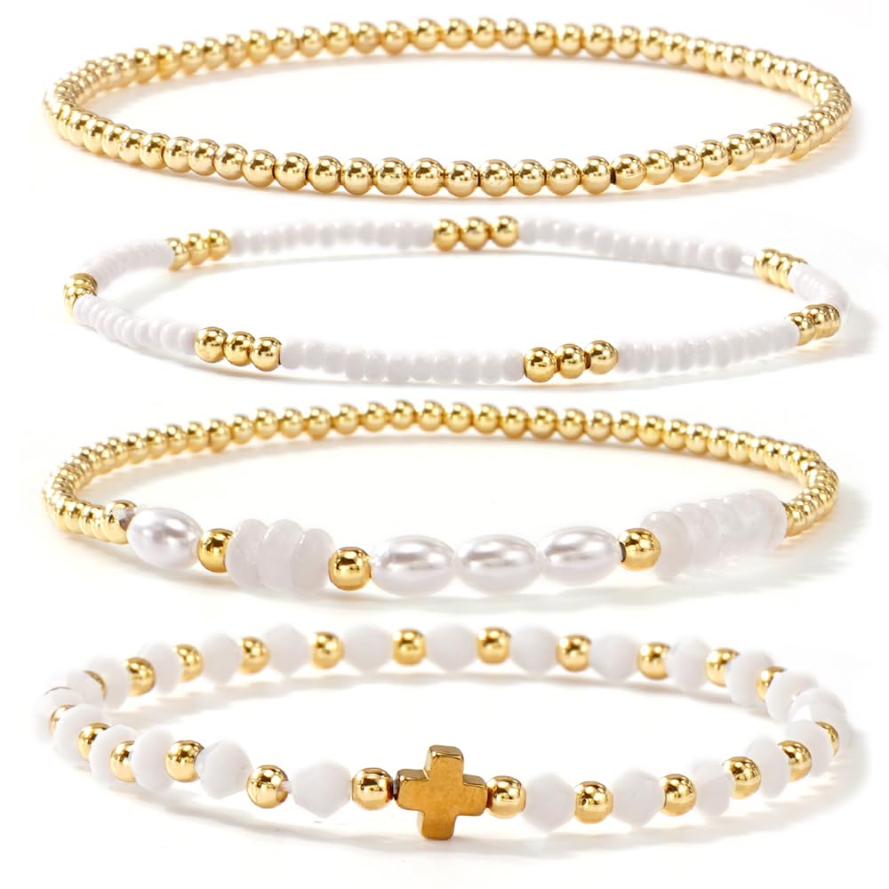 Bohxantium Gold Pearl Crystal Cross Bracelet for Women 14K Gold Plated Beads Pearl White Crystal Beaded Bracelet Stack Stretch Stackable Non Tarnish Trendy Jewelry Friendship Christian Gift for Women