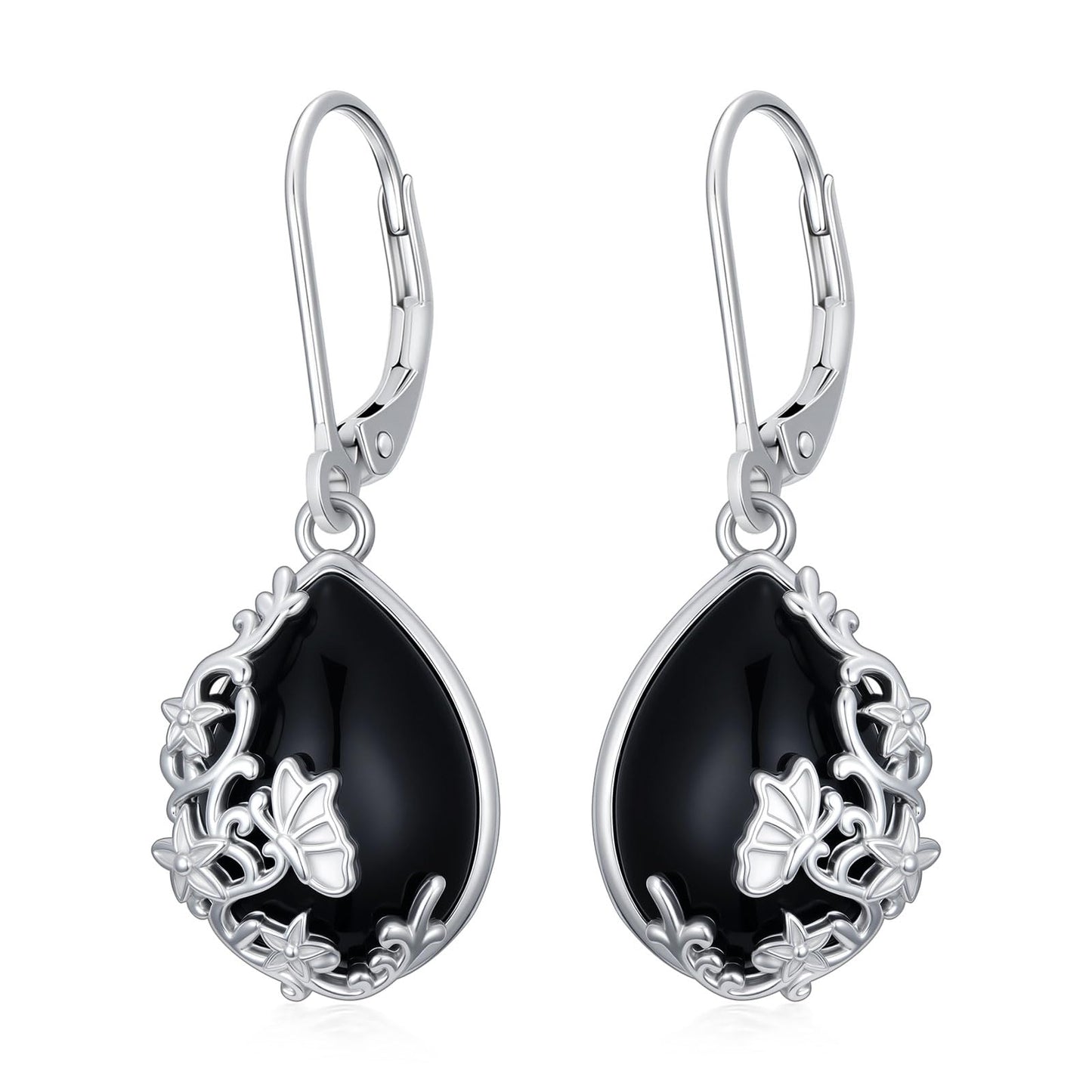 KoyeKei Black Onyx Earrings for Women 925 Sterling Silver Butterfly Filigree Dangle Drop Earrings Black Onyx Leverback Filigree Butterfly Jewelry Christmas Gift for Girlfriend Wife Daughter