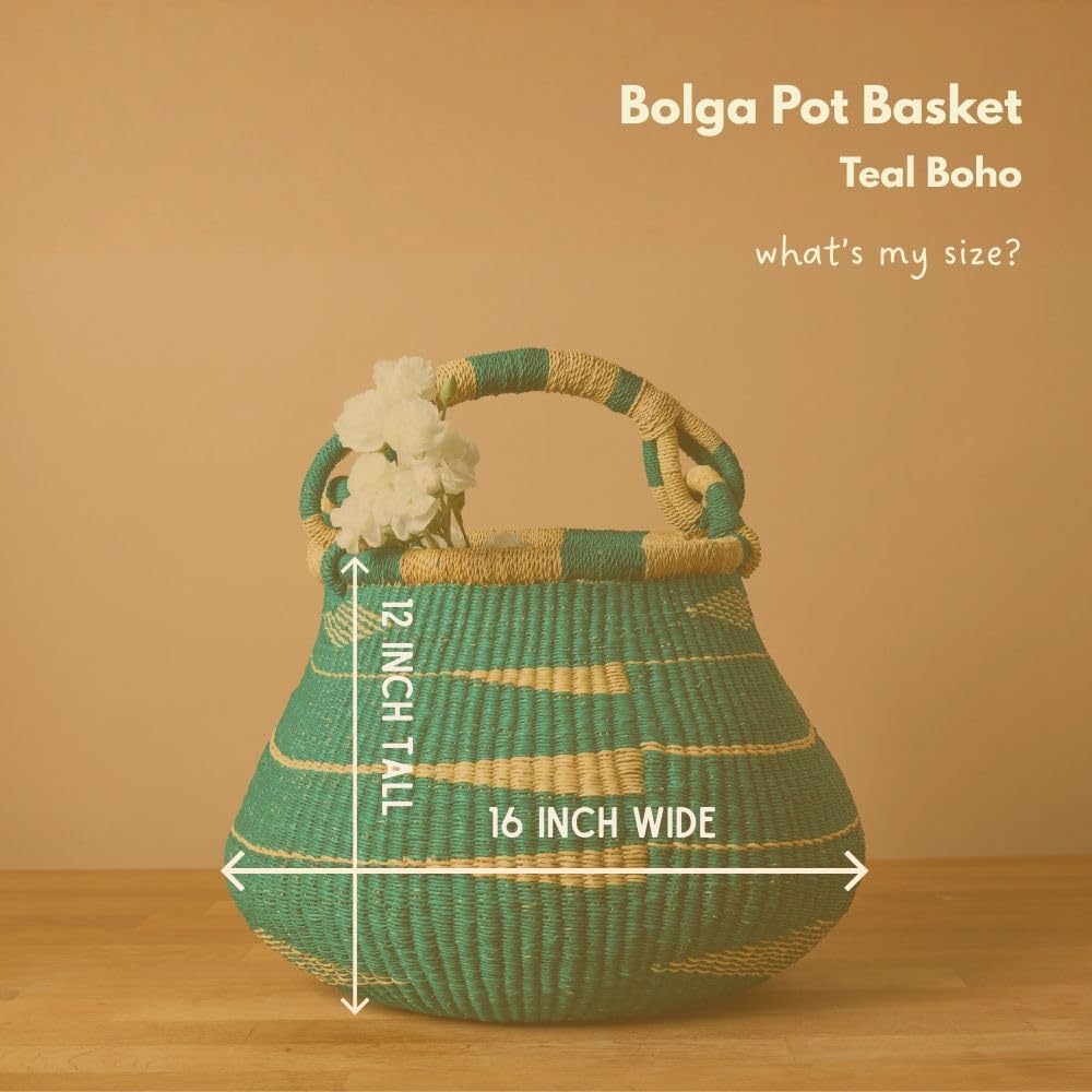 African Bolga Basket for Home Decor, Picnic, Garden Harvest and Storage, Woven Basket with Handle, Teal, 16 Inch Wide