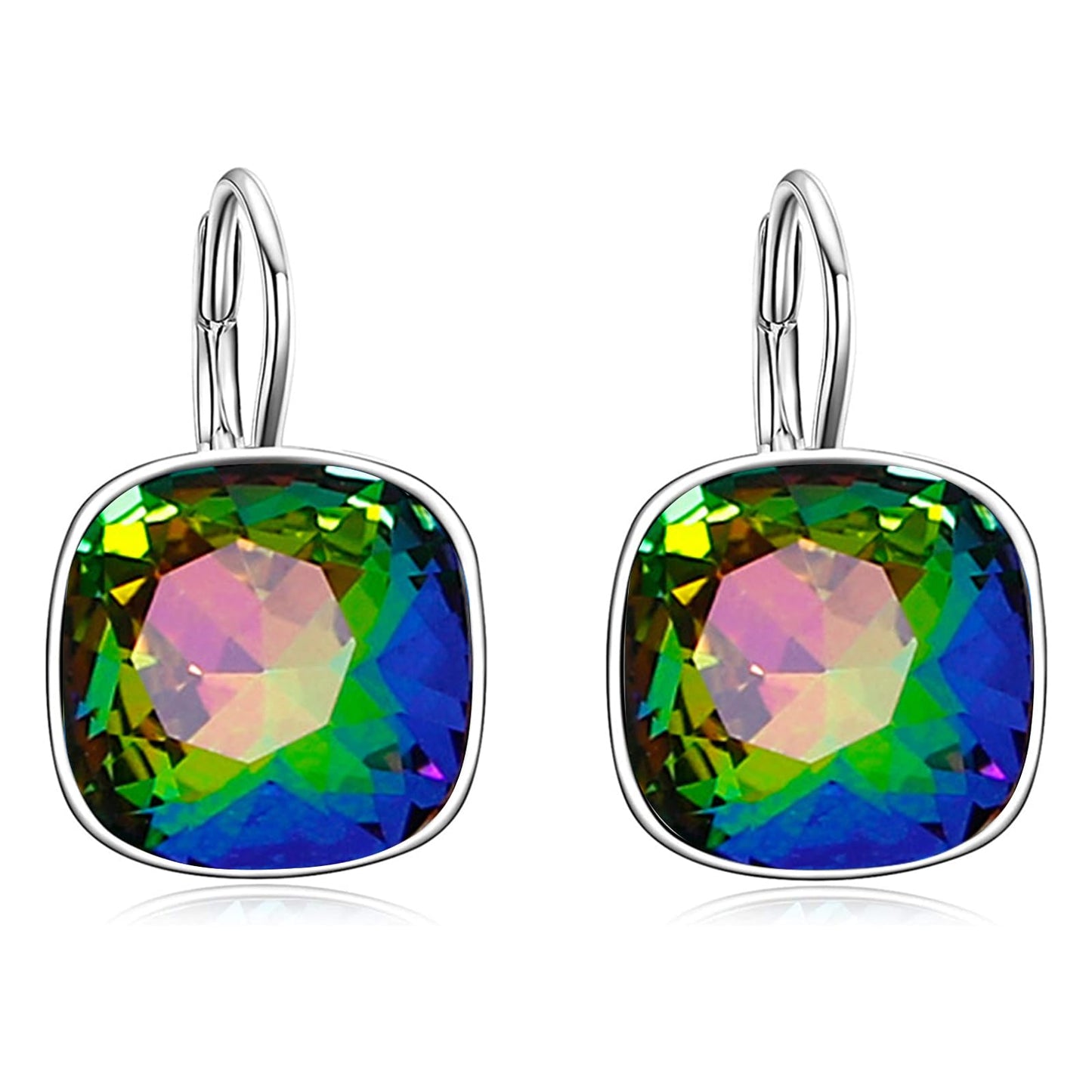 AOBOCO Sterling Silver Leverback Earrings Embellished with Crystals from Austria, Hypoallergenic Cushion Cut Square Crystal Earrings, Fine Anniversary Birthday Jewelry Gifts for Women (Colorful)