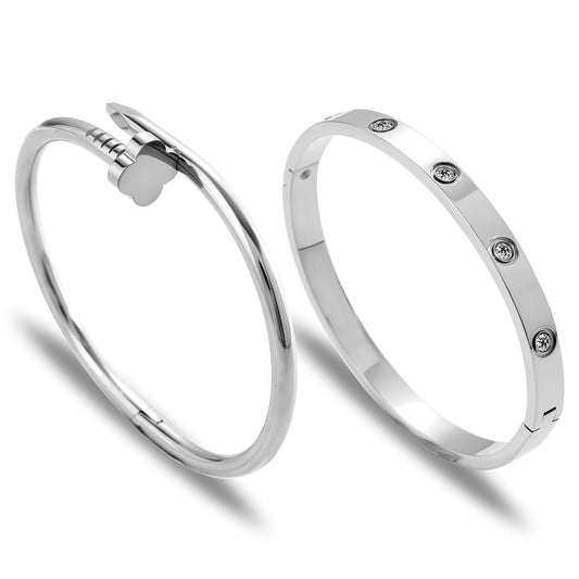 Acnode Gold Bangle Bracelets for Women -2PCS Friendship & Love Bangle Bracelet Clover Nail Bracelet Stack Set Trendy Non-Tarnish Stainless Steel Jewelry Gifts for Mom Wife Her