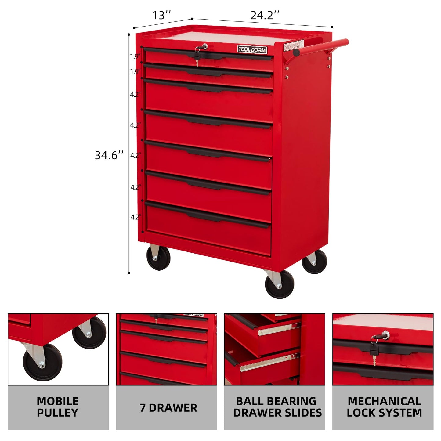 7-Drawer Rolling Tool Chest Cabinet, Large Capacity Metal Tool Box with Wheels and Keyed Locking, Roll Around Storage Organizer Tool Cart for Garage, Warehouse, Work Shop - Red