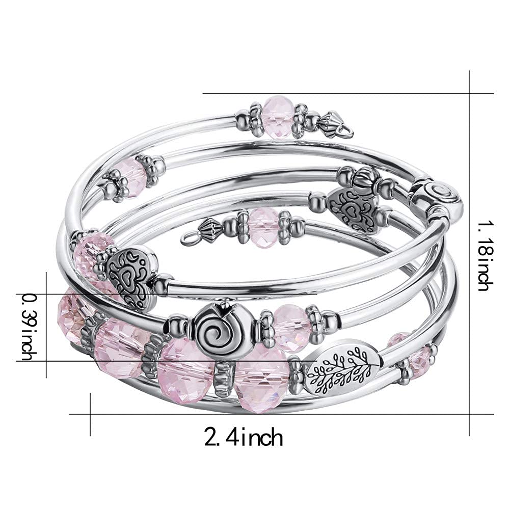 PEARL&CLUB Bead Crystal Wrap Bangle Bracelet - Fashion Jewelry Beaded Bracelet with Silver Metal, Gifts for Women(23-Pink)