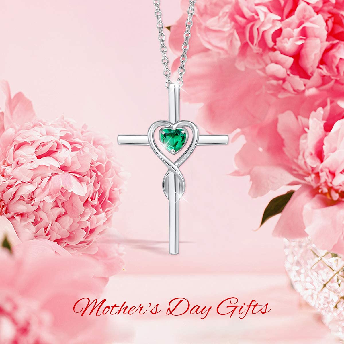 FANCIME Emerald Cross Necklace For Women Sterling Silver Birthstone Necklace Emerald Infinity Heart Cross Pendant May Birthstone Jewelry Gifts for Women