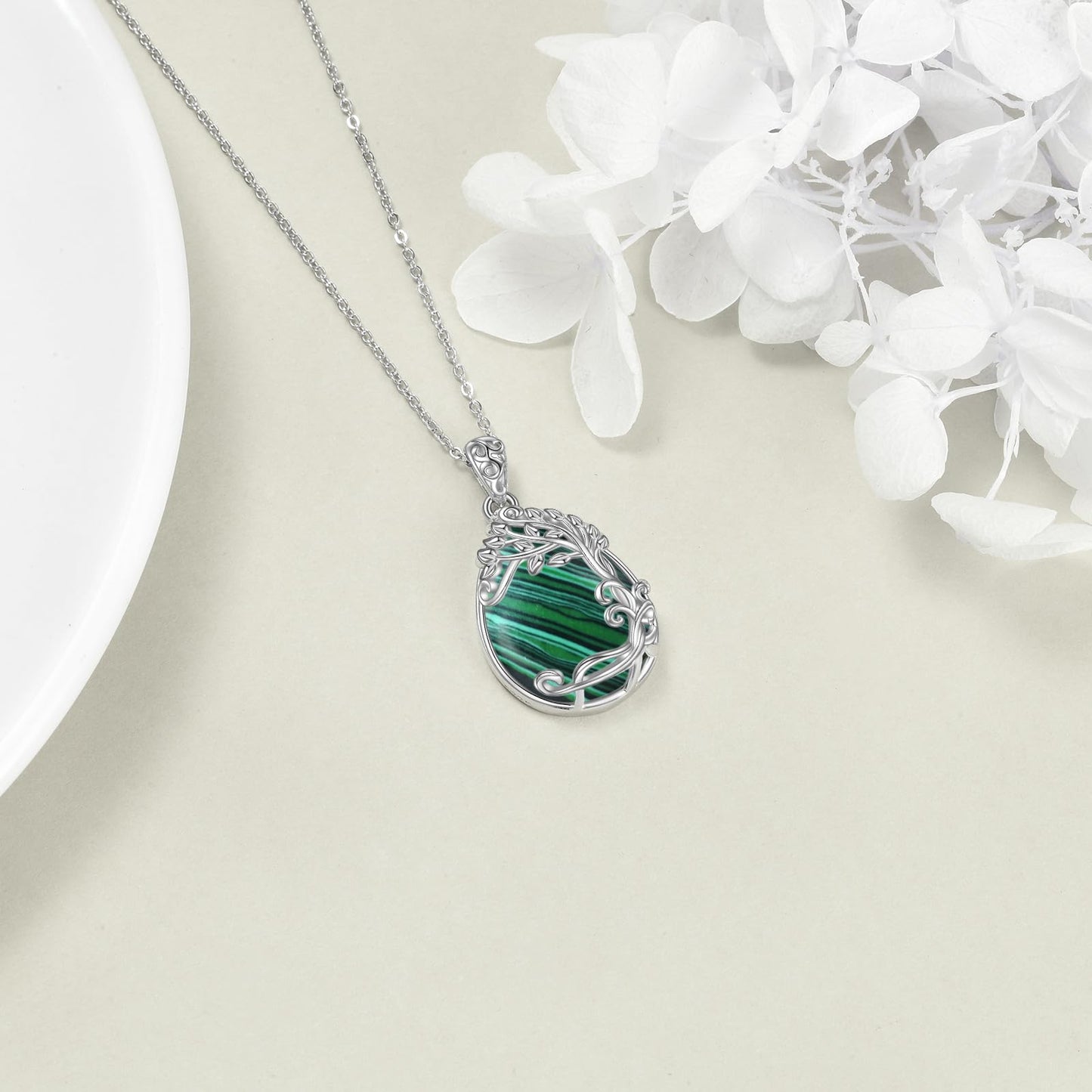 YAFEINI Malachite Necklace for Women 925 Sterling Silver Tree of Life Teardrop Pendant Necklace Jewelry Gift (RR-Tree of Life Malachite Necklace)
