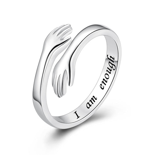 ACJFA Hug Ring 925 Sterling Silver Hugging Hands Adjustable Rings I am Enough Ring Motivational Friend Inspirational Jewelry Encouragement Gift for Women