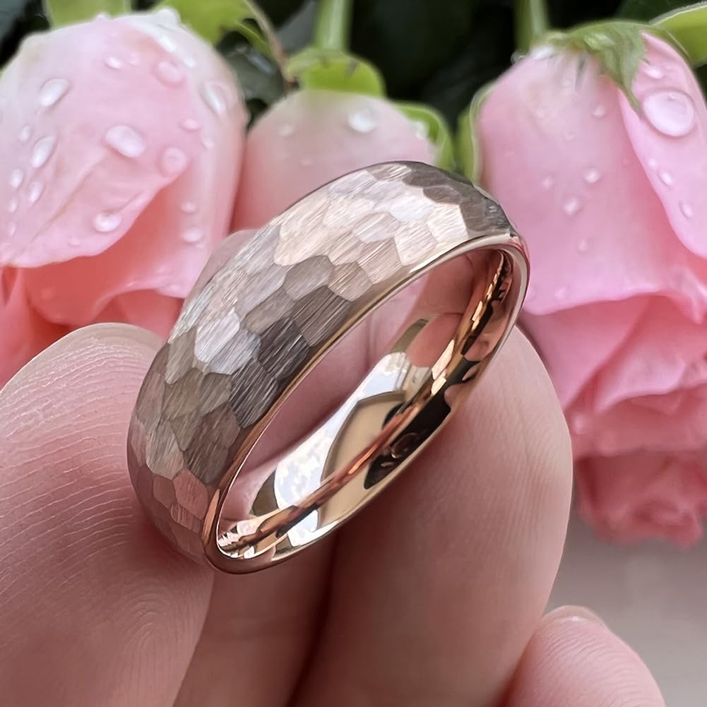 TUTISS 6mm Rose Gold Hammered Tungsten Rings for Men Women Engagement Wedding Bands Domed I Love You Engraved Comfort Fit Size 5