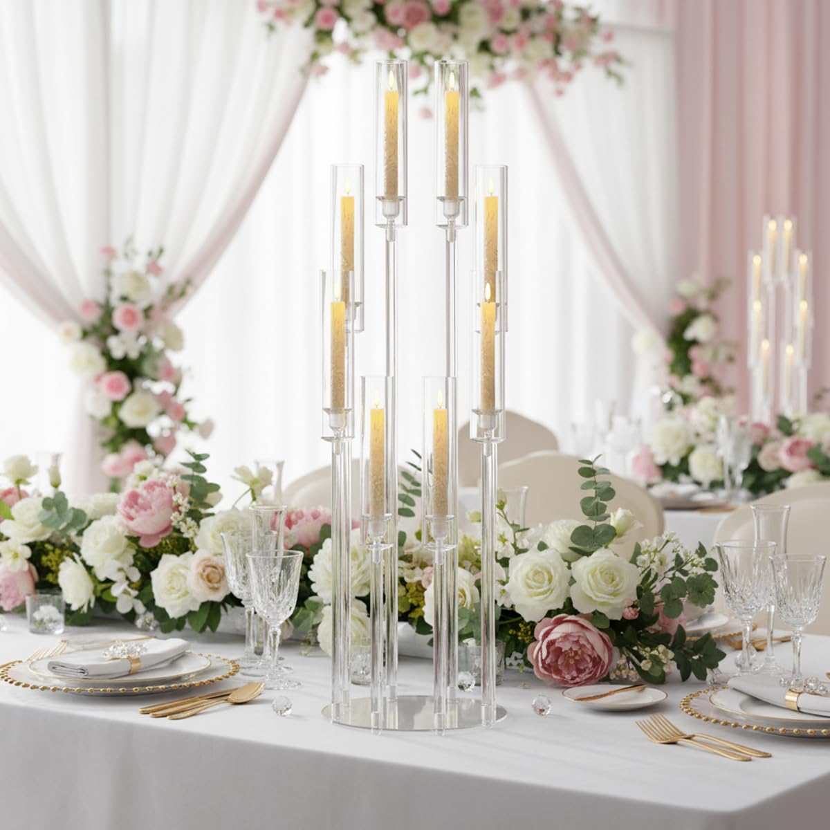 10PCS 8 Arm Acrylic Candelabra Candle Holder for Wedding,Tall Clear Candlestick Holders with Shade for Tables Party Grand Event Valentine's Day Dinner Decoration (Fit 0.8" Led Candles)"