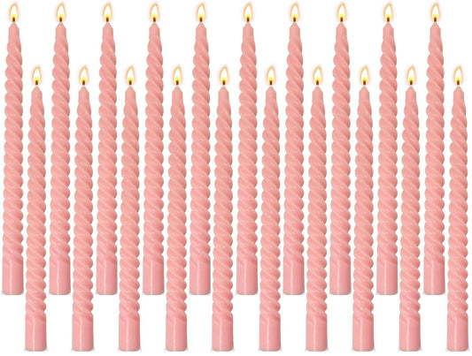20 Pack 10 Inch Pink Spiral Taper Candles for Holiday Home Decoration, Unscented Dripless Twisted Candlesticks for Dinner Party Wedding Valentines Day Baby Shower and Easter