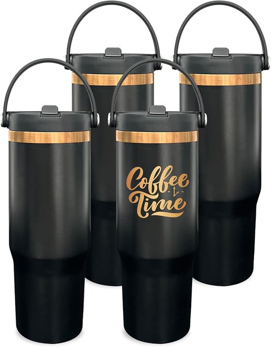 30 oz Tumbler Bulk with Handle and Straw, Vacuum Insulated Tumblers with Flip Straw and Top Handle, Leakproof Powder Coated Tumbler, Stainless Steel Travel Mug for Coffee Water (Black, 4 Pack)