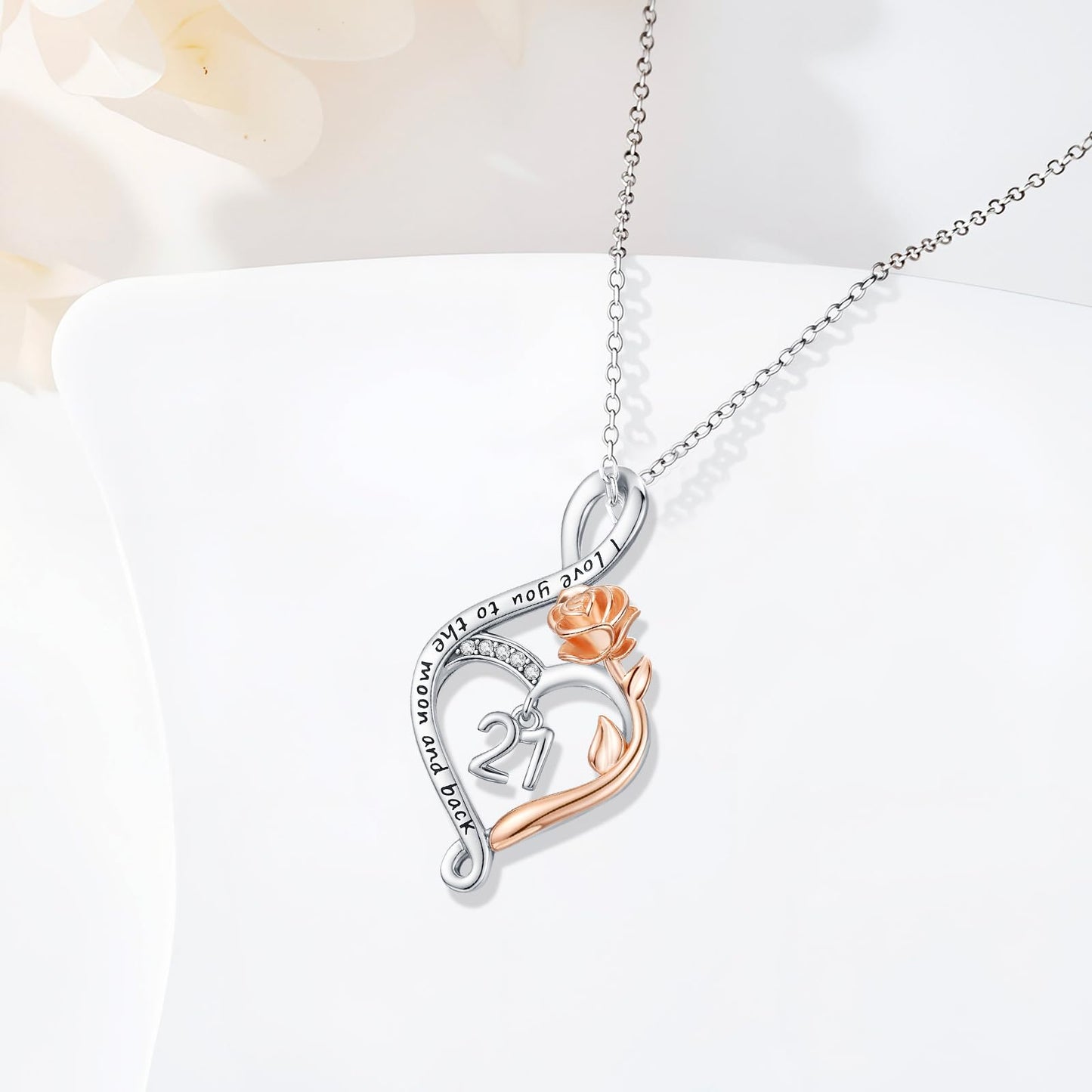 KoyeKei 21st Birthday Gifts for Daughter 21 Year Old Necklace 925 Sterling Silver Rose Flower Heart Infinity Pendant Jewelry Christmas Birthday Gift for Women Female Her