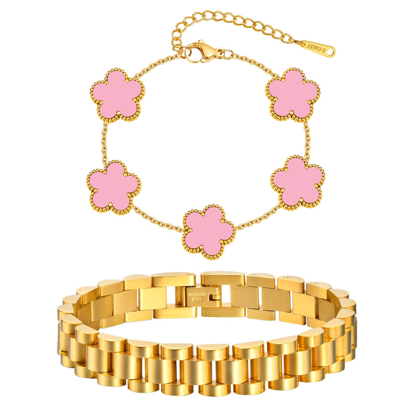 Stackable Gold Floral Bracelets Set , 2pcs 18K Gold Plated Bracelet Non-Tarnish,Stainless Steel Link Chain Friendship Bracelet,Watch Band Trendy Jewelry,Christmas Valentines Birthday Gifts for Women