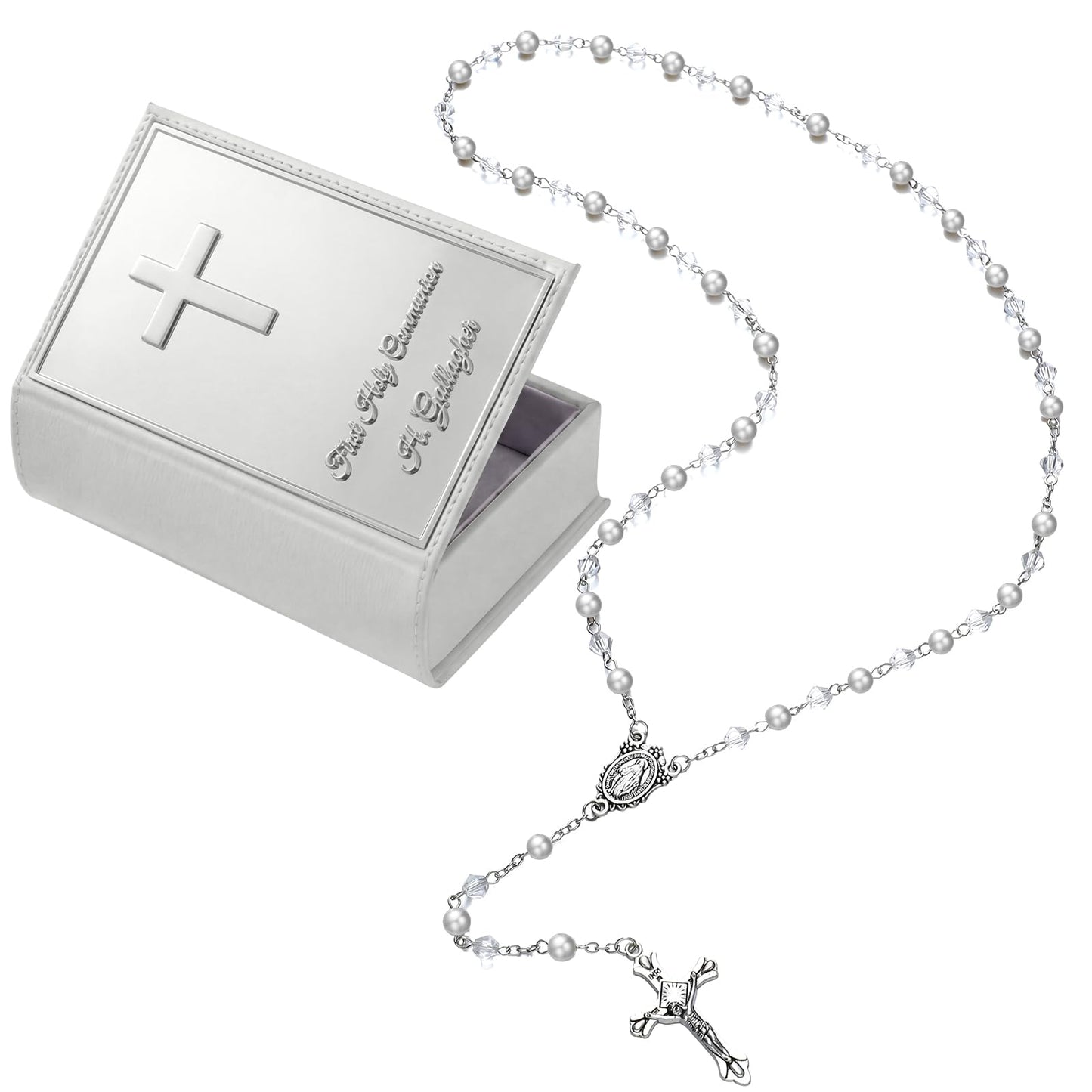 Liliaafar First Communion Rosary Beads Necklace Gifts with Engraved Keepsake Gift Box 20.5 Inch Stainless Steel Glass Beads Catholic Rosary with Cross for First Holy Communion