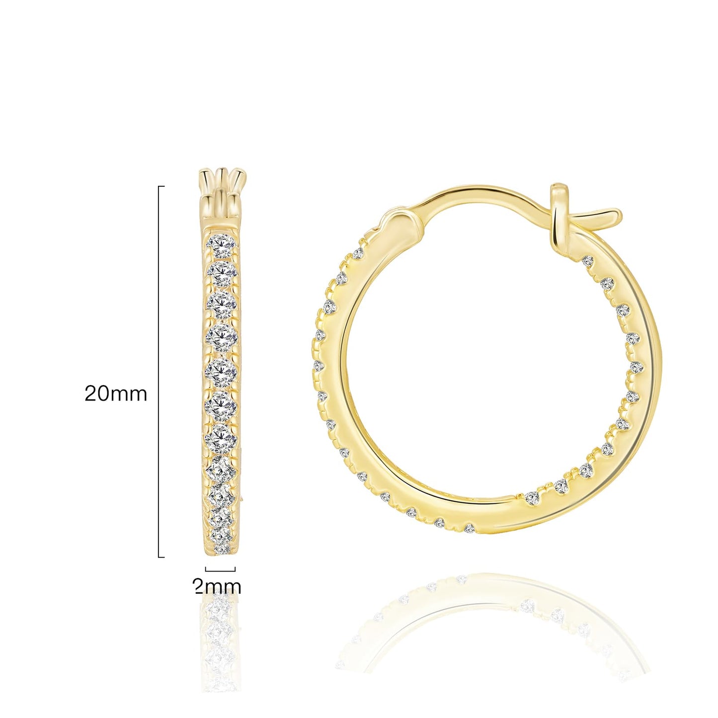 Suiune 14K Yellow Gold Hoop Earrings for Women, Hypoallergenic Dual-Sided Cubic Zirconia Hinged Hoops Jewelry for Woman, 2mm x 20mm