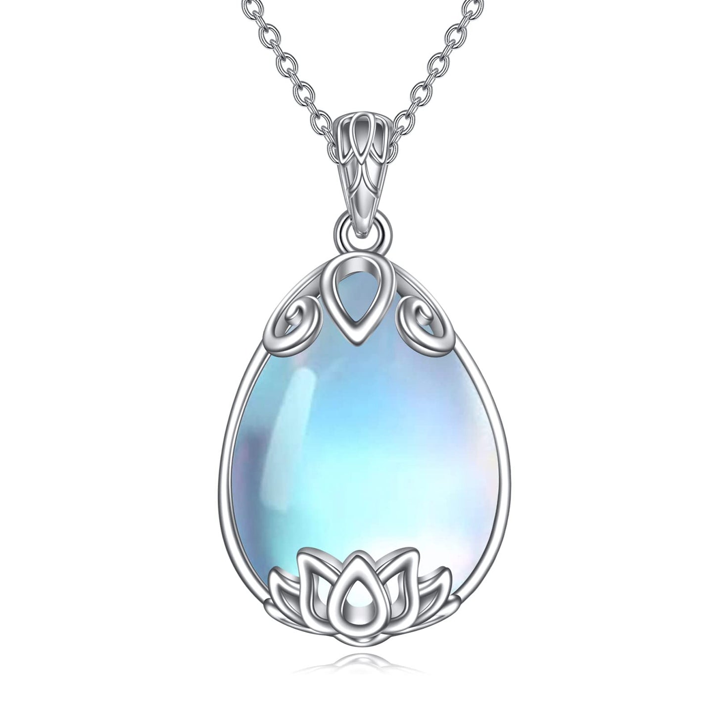YAFEINI 925 Sterling Silver Moonstone Lotus Necklace Filigree Teardrop Pendant Necklace Jewelry Gift for Women (I-Lotus moonstone necklace)