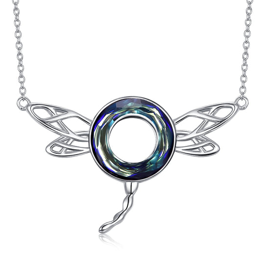 AENEAS Dragonfly Necklace 925 Sterling Silver Crystal Dragonfly Pendant Necklace with Blue Circle Insects Jewelry Gifts for Mom Wife Her