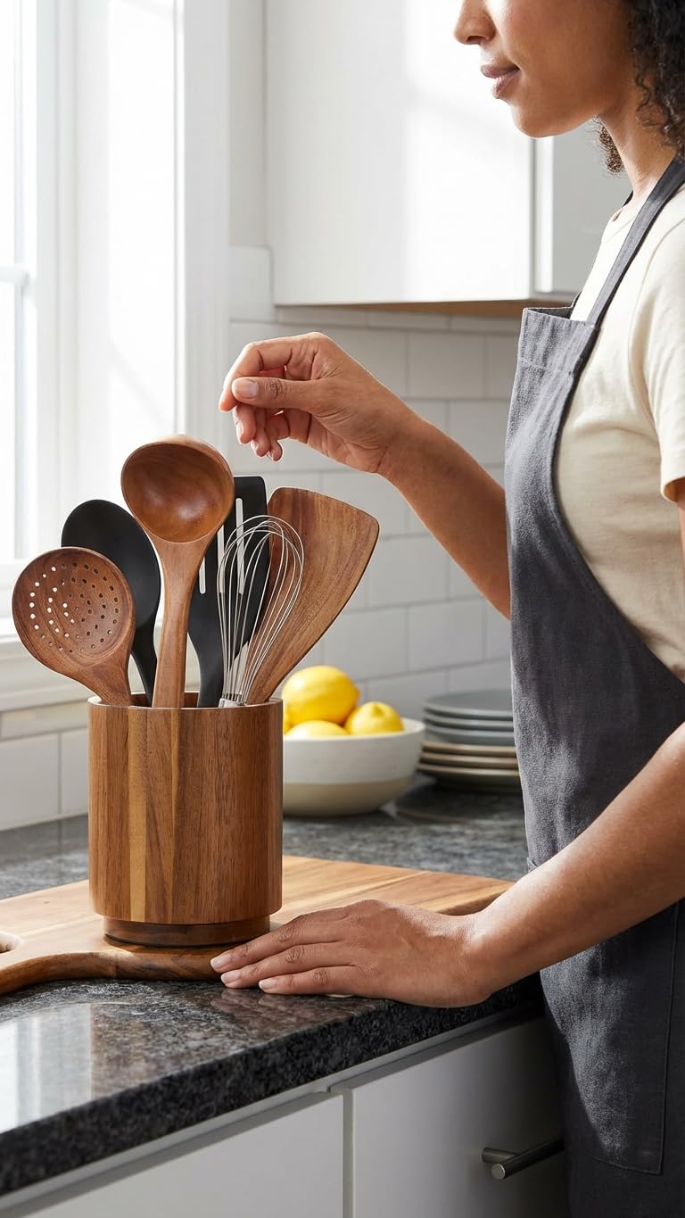 Linda's Essentials Acacia Wooden Utensil Holder for Kitchen Counter, 7.2" Wood Utensil Holder Counter, Kitchen Utensils Holder with 360° Rotation, Non-Slip Large Utensils Holders, Spatula Holders