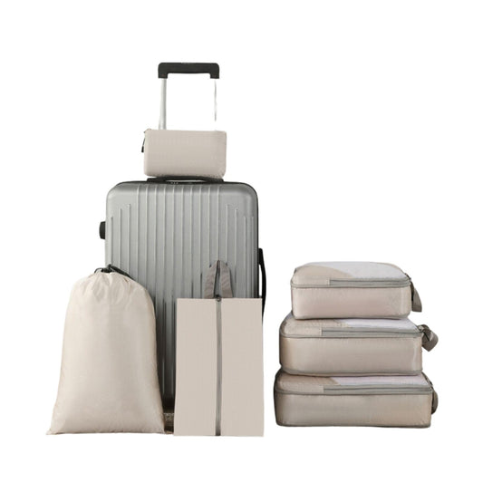 Abelloly 6 sets of Beige Nylon Compression Travel Cubes, Travel Organizer Bags for Luggage(large, medium, small) three types of clothing storage bags, shoe bags, and miscel(White)