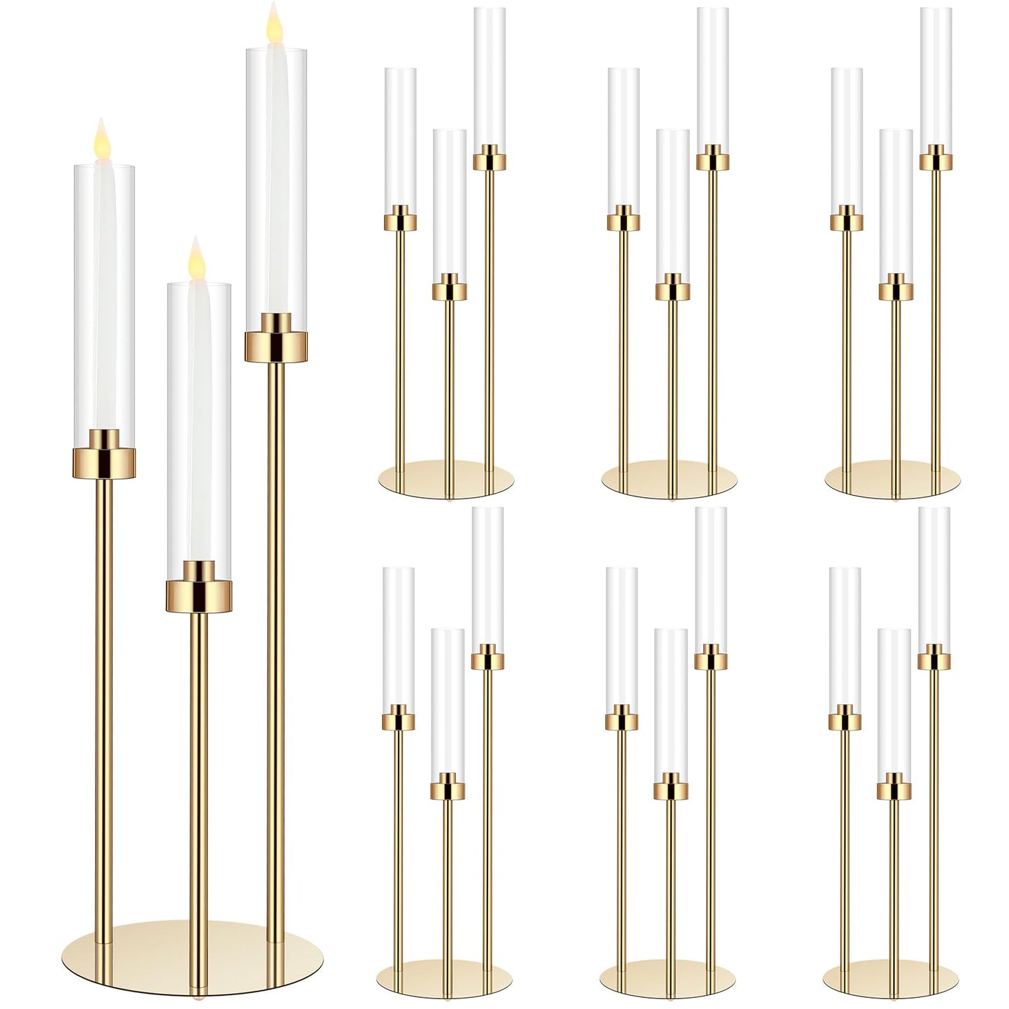 Layhit 6 Set Wedding Gold Candelabra Centerpieces for Tables, 3 Arm Tall Acrylic Candle Holder Centerpiece with Clear Shades for Reception, Party, Dining Decor, Anniversary, Fits 0.87" LED Candles"
