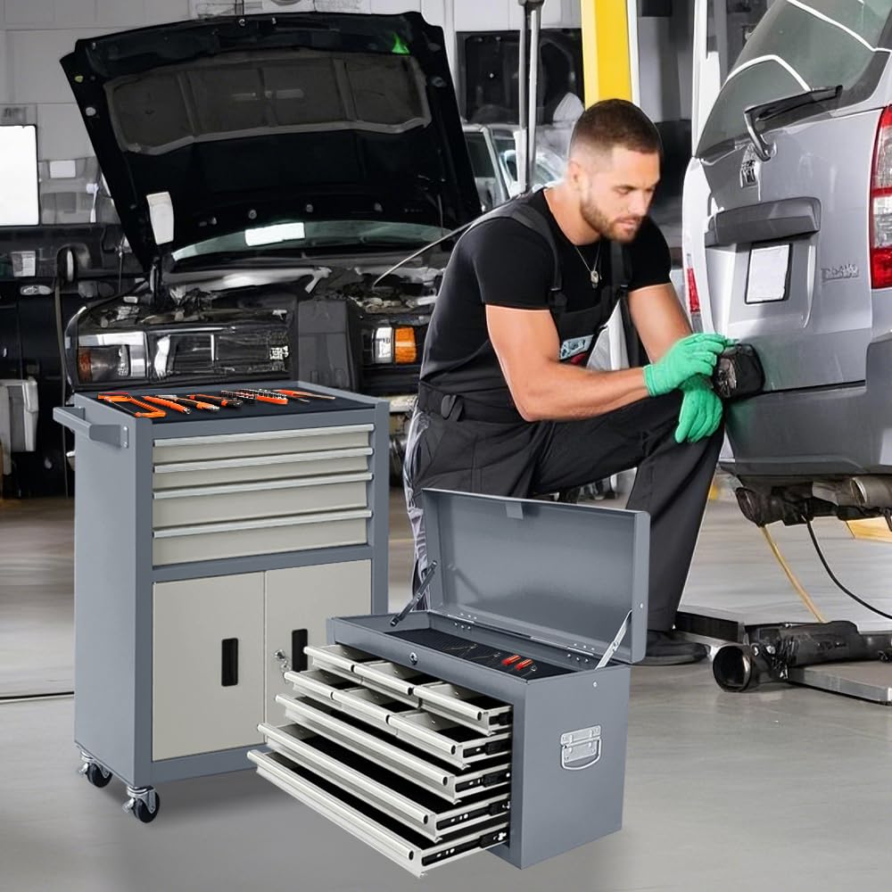 Sormols 13-Drawer Rolling Tool Chest with Double Doors, 2 in 1 Detachable Rolling Tool Chest with Drawers, Mobile Tool Cabinet Combo, Metal Large Lockable Tool Box for Garage Workshop (Gray)