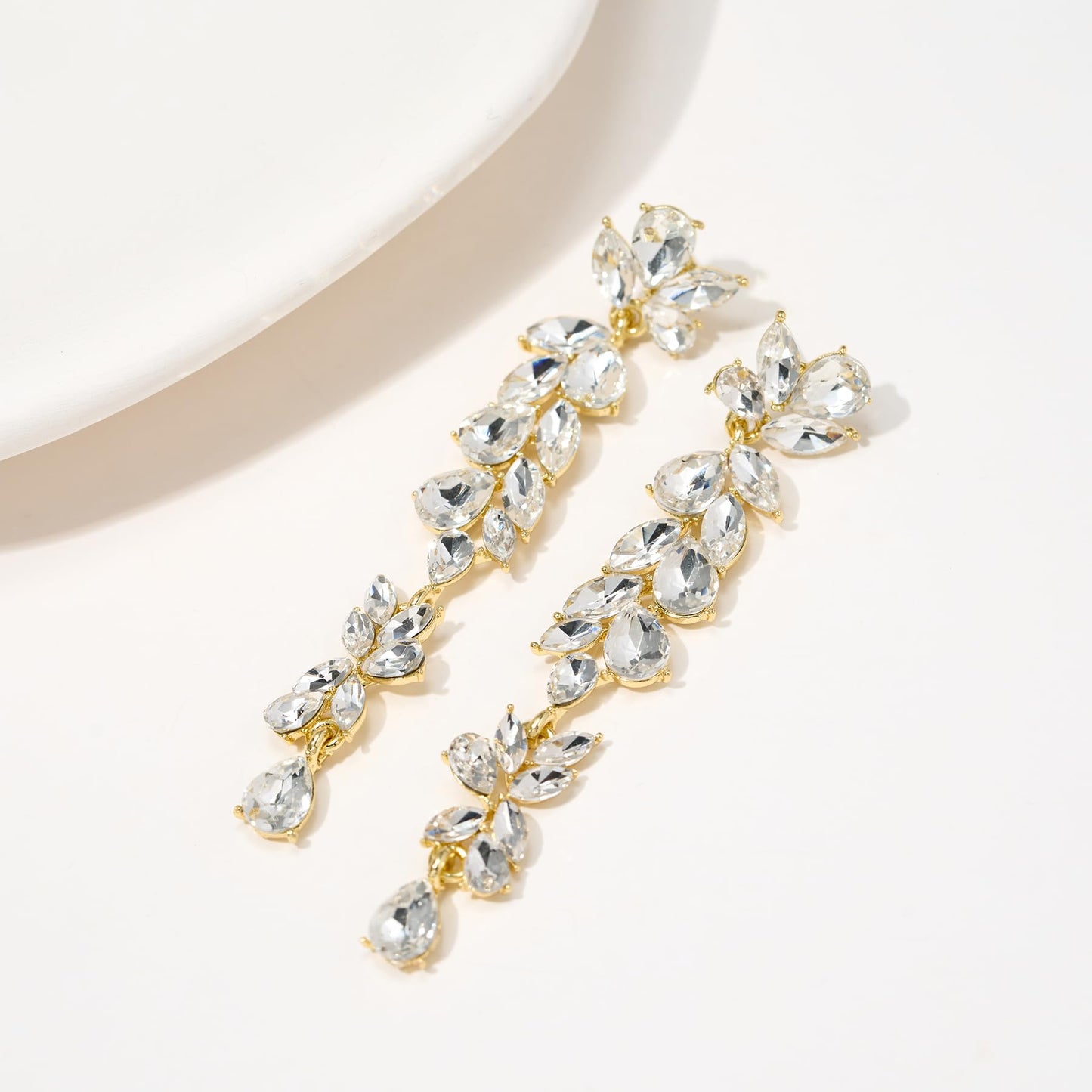 SWEETV Long Gold Rhinestone Dangle Earrings for Women, Wedding Bridal Earrings for Brides, Crystal Chandelier Drop Earrings for Prom or Pageant