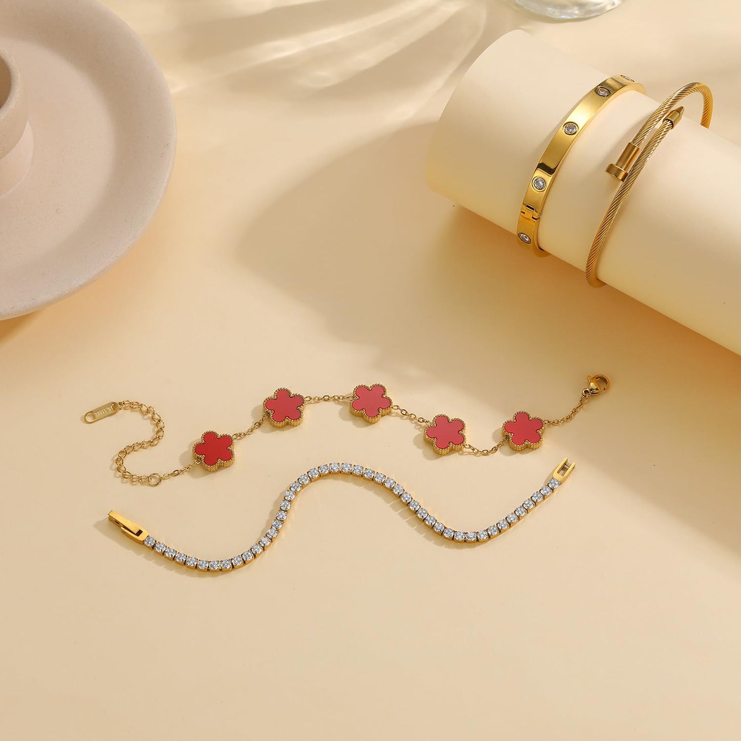 MVCOLEDY 18 K Gold Plated Love Bracelet Stack for Women 4-Piece Bracelet with Synthetic Shell Floral Clover Chain, Tennis Chain and Crystal Gold Bangle, Love Bracelet Design Gift Jewelry for Valentines Mother's Day (Red)
