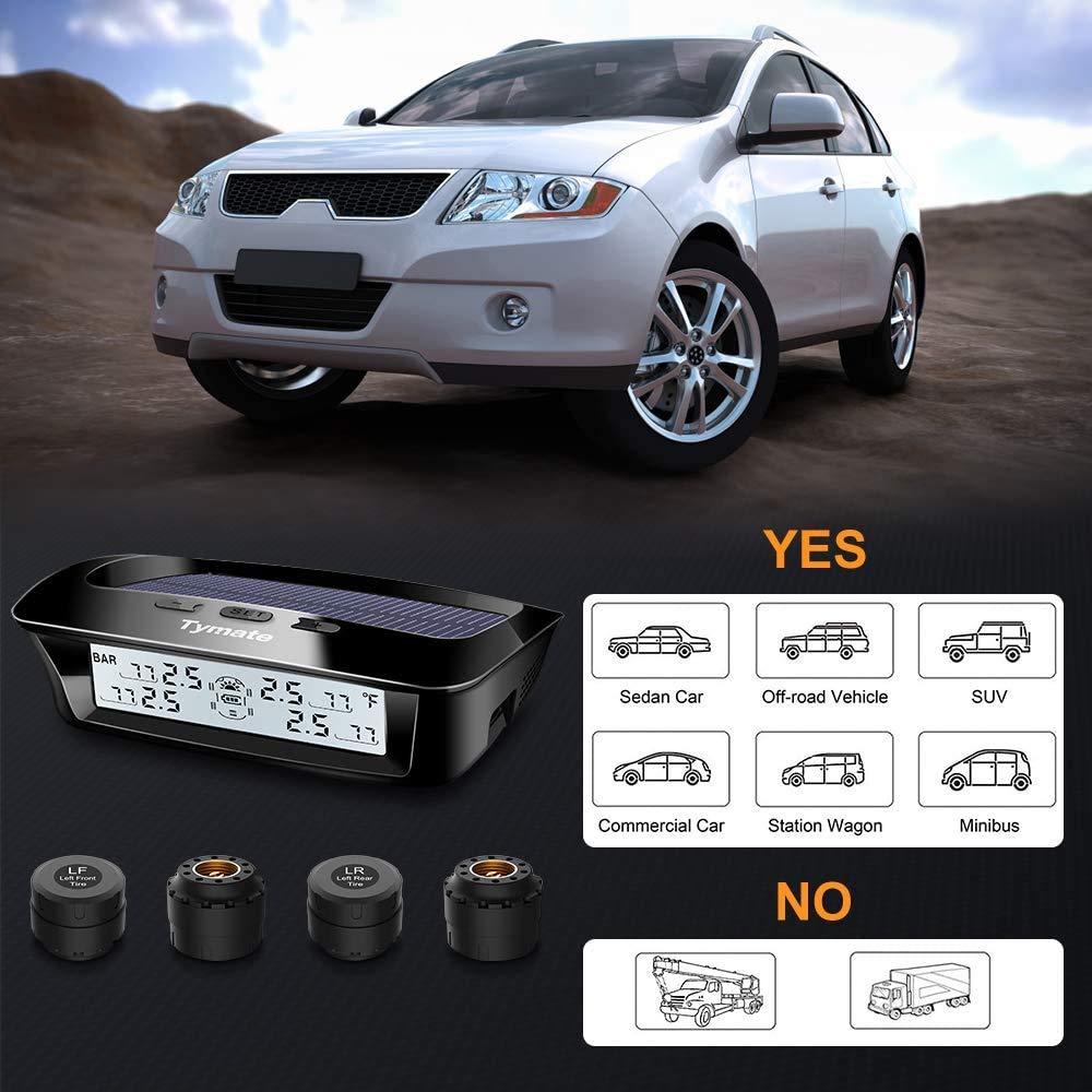 Tymate RV Tire Pressure Monitoring System - M12-3 Tire Pressure Monitor System (0-87 PSI) with Solar Charge, 5 Alarm Modes, Auto Sleep Mode, LCD Display, RV TPMS with 4 Sensors, Easy to Install