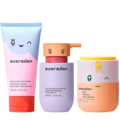 Evereden Kids Healthy Habit TRIO : Clean & Vegan Skin & Hair Care for Kids Bundle | Skin Care Cloud Face Wash + SPF 20 Mineral Face Cream + Shampoo - Detangling | Clean Ingredients