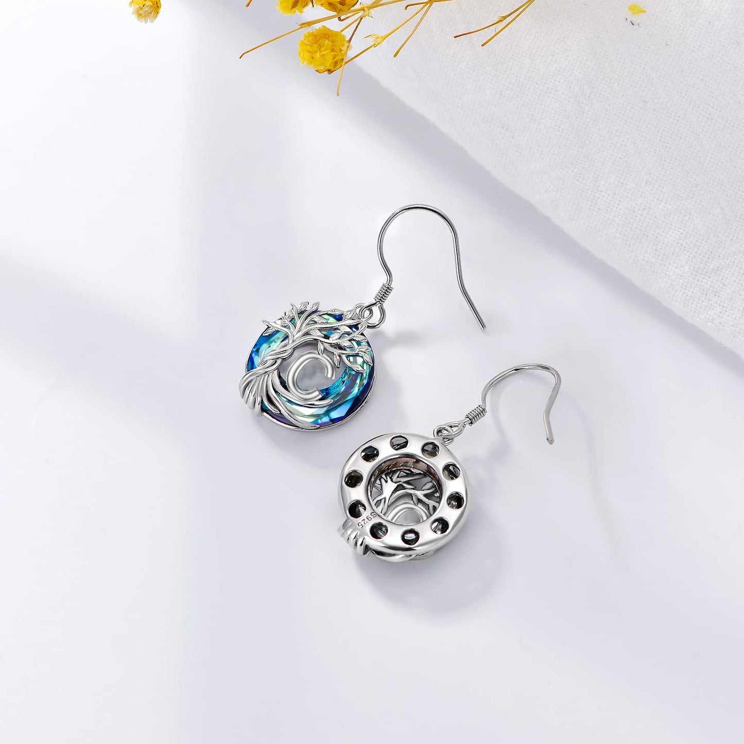 TOUPOP Tree of Life Initial Earrings Sterling Silver Initial C Letter Drop Dangle Earrings Blue Circle Crystal Family Tree Jewelry Birthday Mothers Day Gifts for Women Mom Her