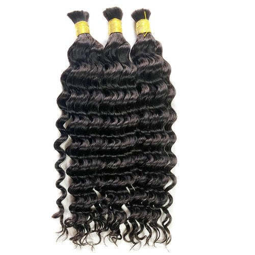 TIJRLGVBN Bulk Human Hair Deep Curly 3 Bundles (300g) - Boho Knotless & Box Braids 16 Inch Natural Black