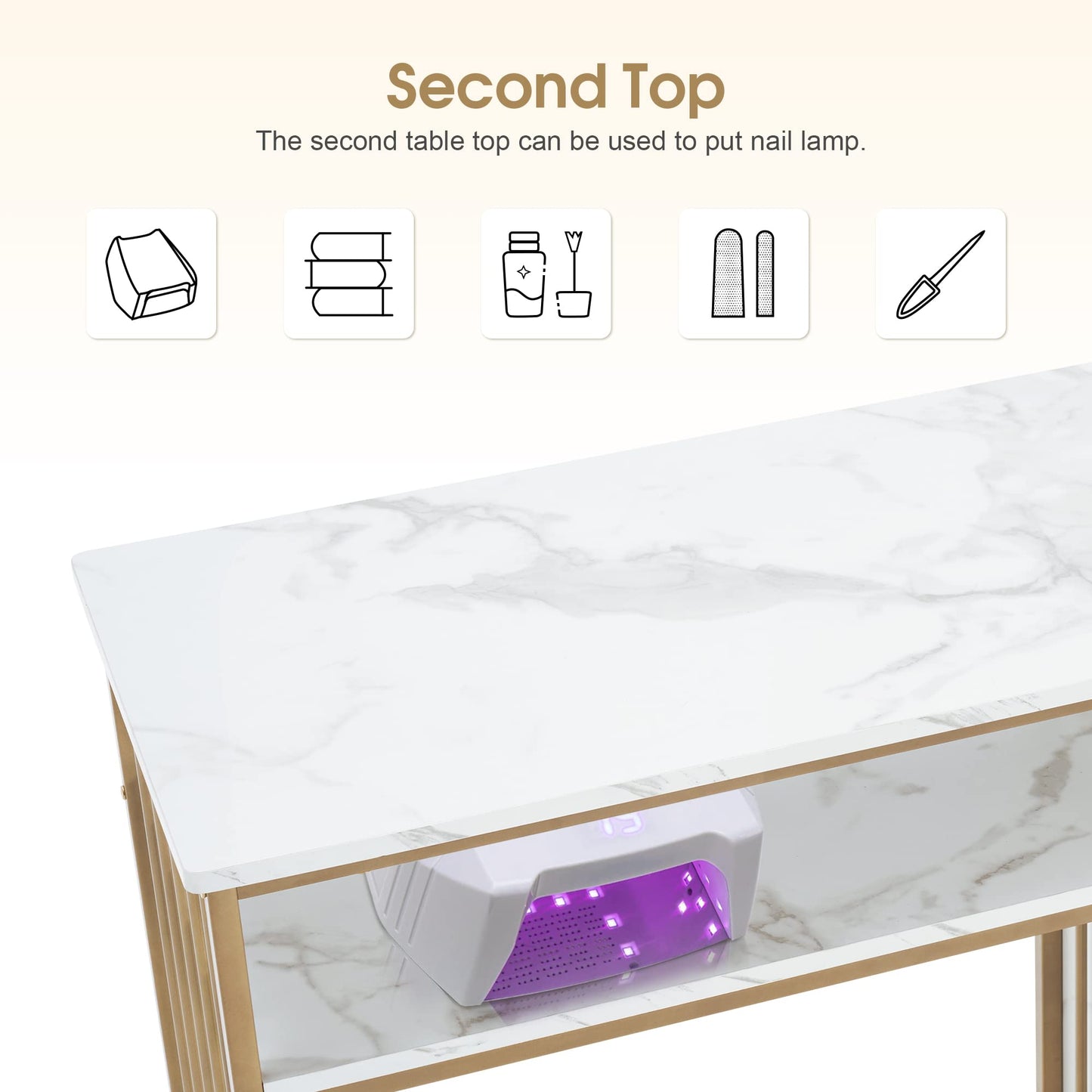 BarberPub Manicure Table for Nail Tech, Golden & Marbling Texture Nail Desk with Storage Drawers and Shelf, Home Salon Spa Equipment, Beauty Nail Table with Metal Frame 2407