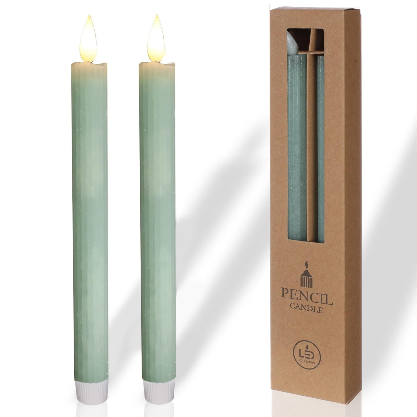 comforder Flameless Taper Candles – Flickering LED Flame with 6H Timer – Real Wax, Ribbed Design – Battery Operated Set of 2 – 10" Tall (Eucalyptus Green)"