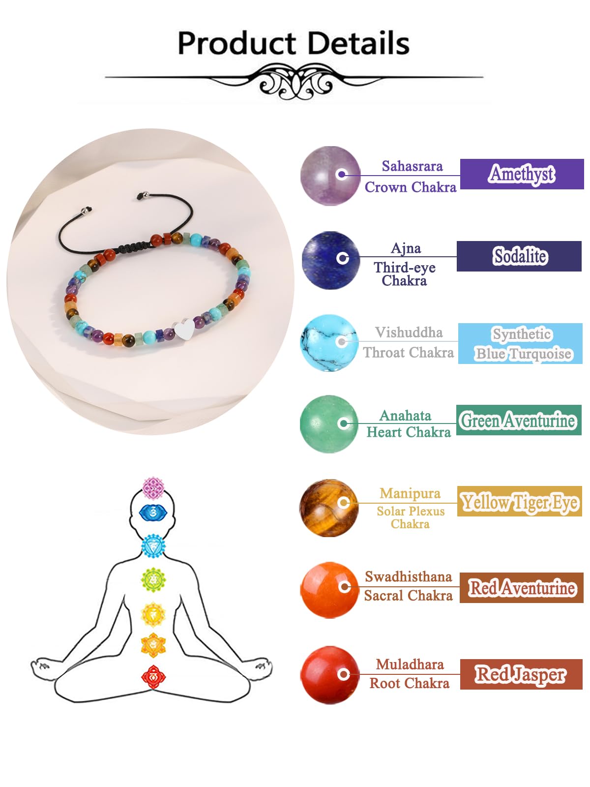 Top Plaza Chakra Bracelets for Women Heart Charm 4mm Natural Healing Gemstone Yoga Meditation Bracelet Handmade Beaded Spiritual Bracelet Adjustable Jewelry Mothers Day Gifts