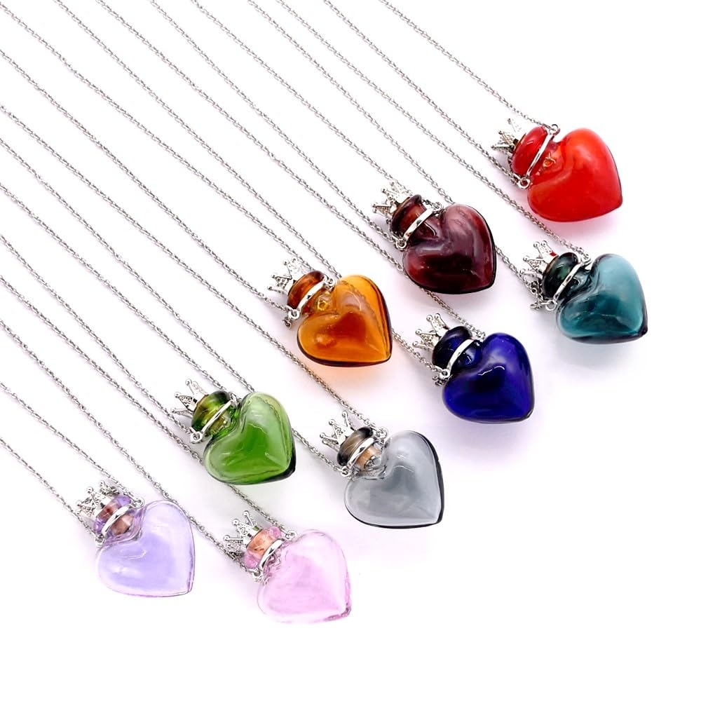 Glaze Glass Heart-Shaped Refillable Essential Oil Necklace Pendant - Aromatherapy Perfume Diffuser Pendant with Stainless Steel Chain (Green)