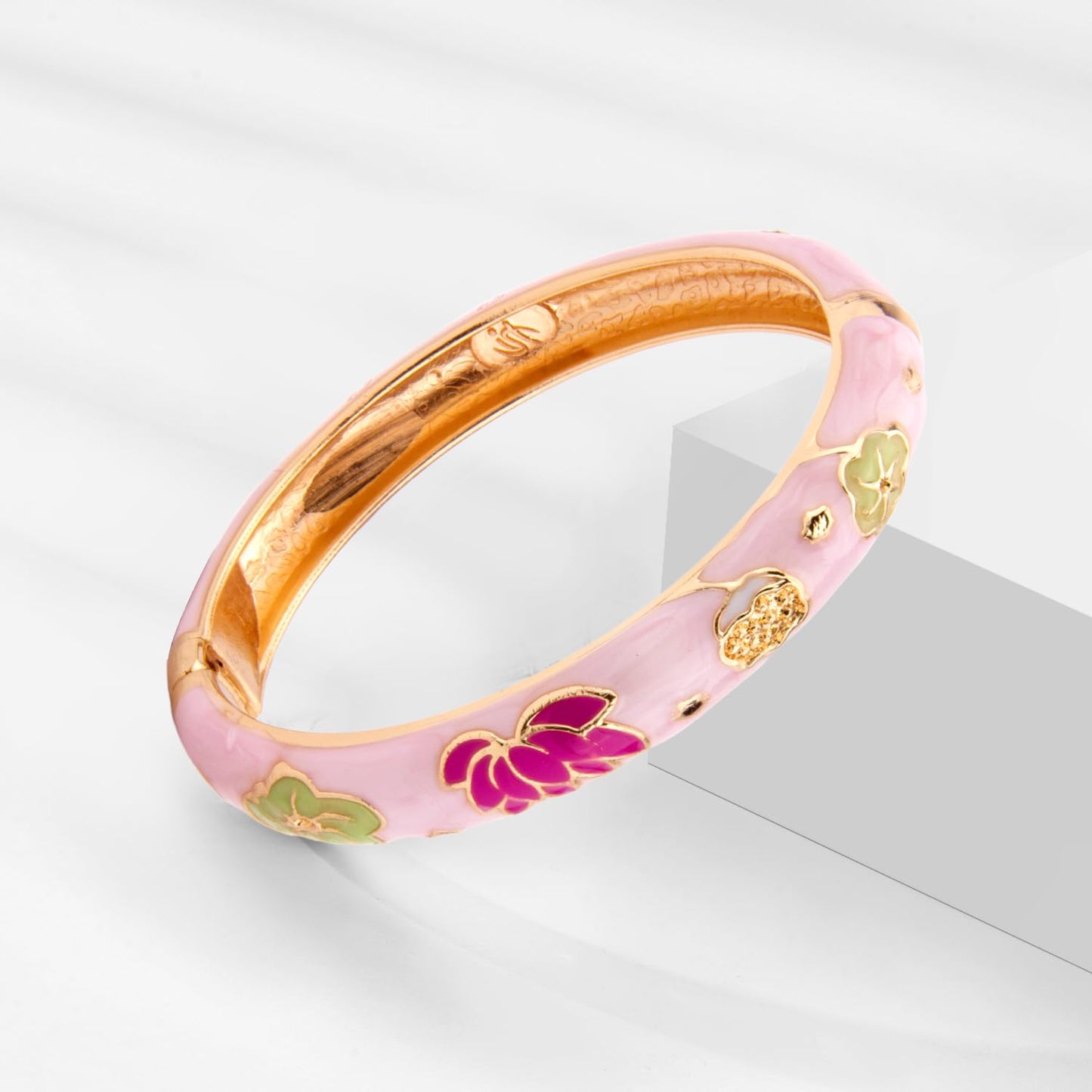 UJOY Cloisonne Bracelet Lotus Flower Gold Plated Cuff Bangle Enameled Jewelry Bracelets Gift for Women Pack in Case 88B04-55A35 Green Pink