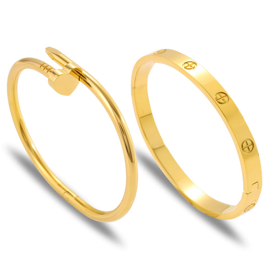 Acnode Gold Bangle Bracelets for Women -2PCS Friendship & Love Bangle Bracelet Clover Nail Bracelet Stack Set Trendy Non-Tarnish Stainless Steel Jewelry Gifts for Mom Wife Her