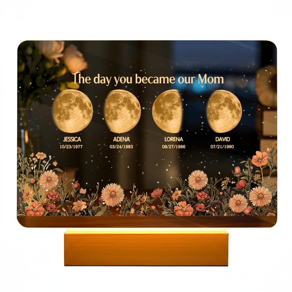 Custom Moon Phase Photo Frame with Night Light Personalized Moms Sky Moons Light Box with Kid's Name Birthdate Gift For Mother's Day Mom Grandma Anniversary Birthday (Acrylic Plaque, Moon & Flower)