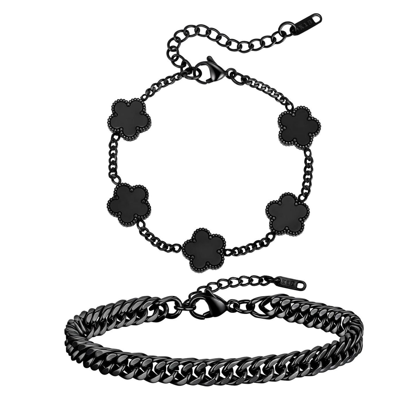 VNOX 2 PCS Floral Bracelets for Men Women -Womens Mens Stainless Steel Gold Cuban Chain Link Bracelet Lucky Charm Four Clover Flower Bracelets Trendy Jewelry Gifts，1