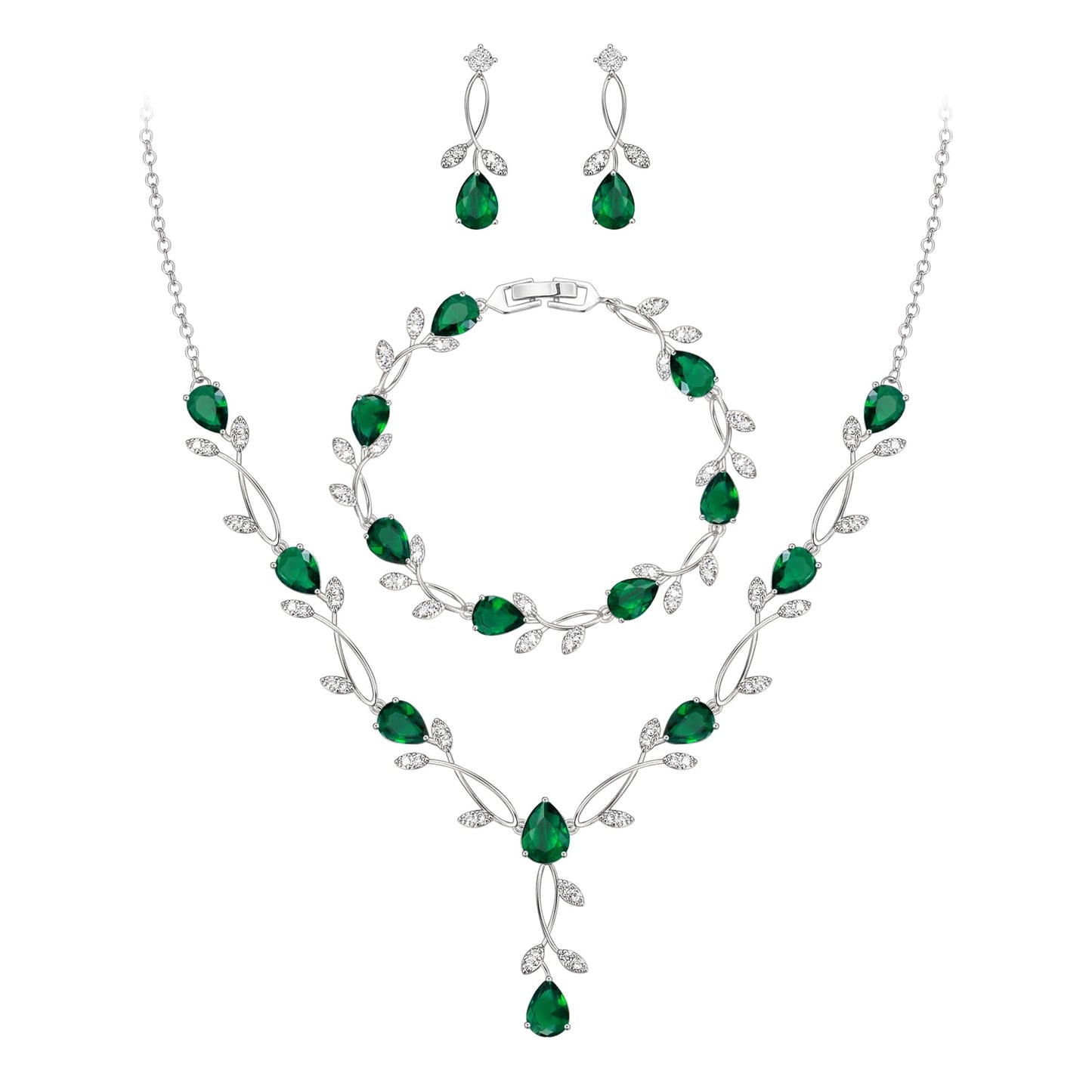 EVER FAITH Wedding Party Jewelry Set for Women, Green Teardrop Cubic Zirconia Leaf Vine Costume Prom Necklace Dangle Earrings Bracelet Sets for Women