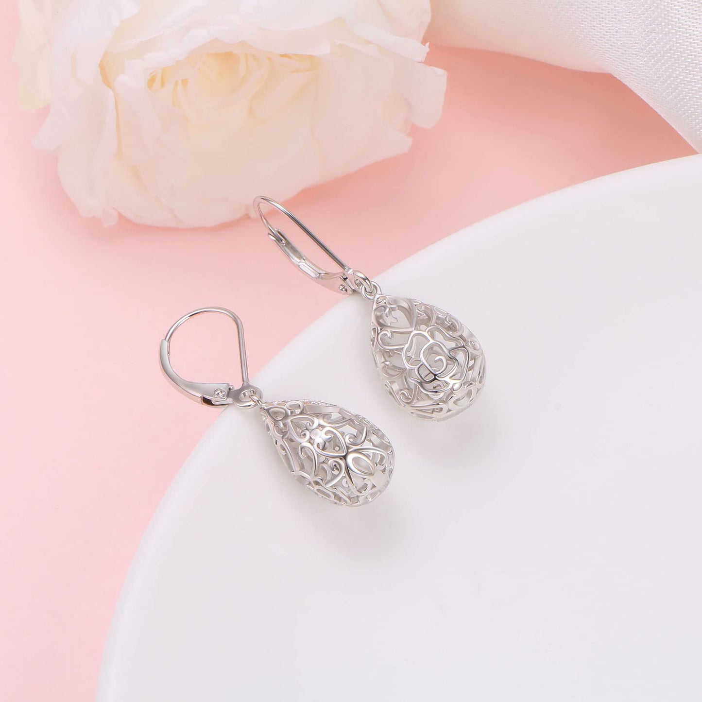 SHAOAN 925 Sterling Silver Filigree Dangle Drop Earrings Flower Rose Leverback Teardrop Earrings for Women Jewelry for Mother’s Day