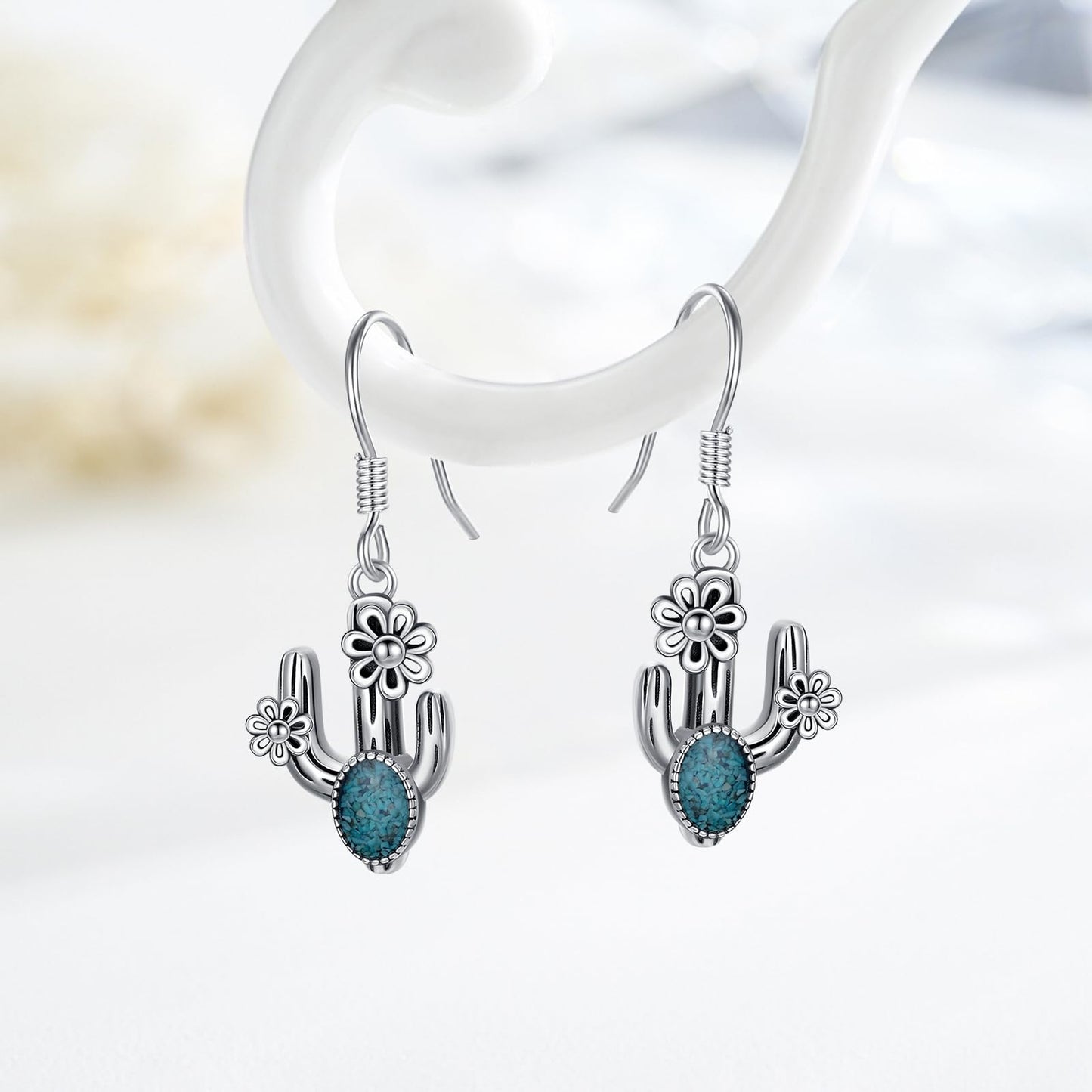 KoyeKei Cactus Earrings for Women 925 Sterling Silver Turquoise Cactus Dangle Drop Earrings Western Country Jewelry Gifts for Plant Lovers