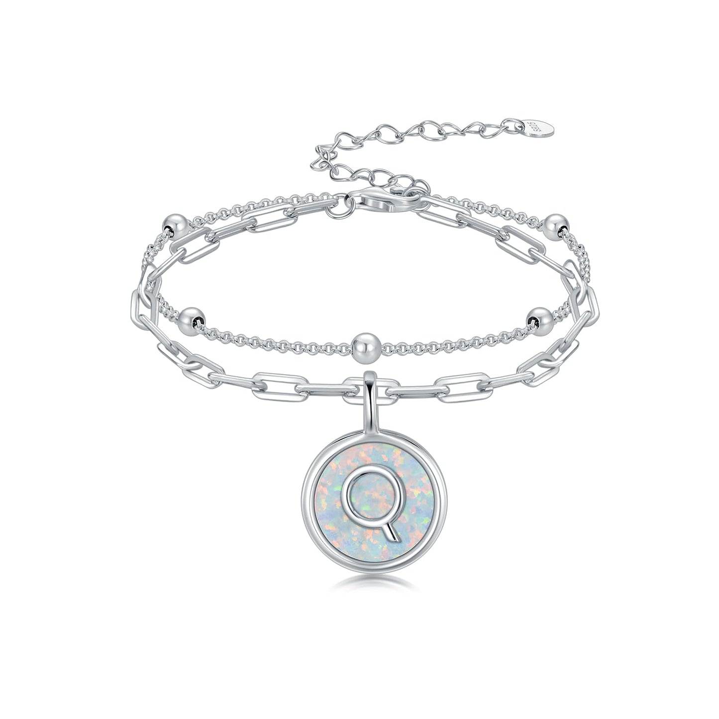 LWQQWL Initial Q Bracelet for Women 925 Sterling Silver Layered Initial Bracelet Opal Letter 26 Alphabet Jewelry Christmas Gifts