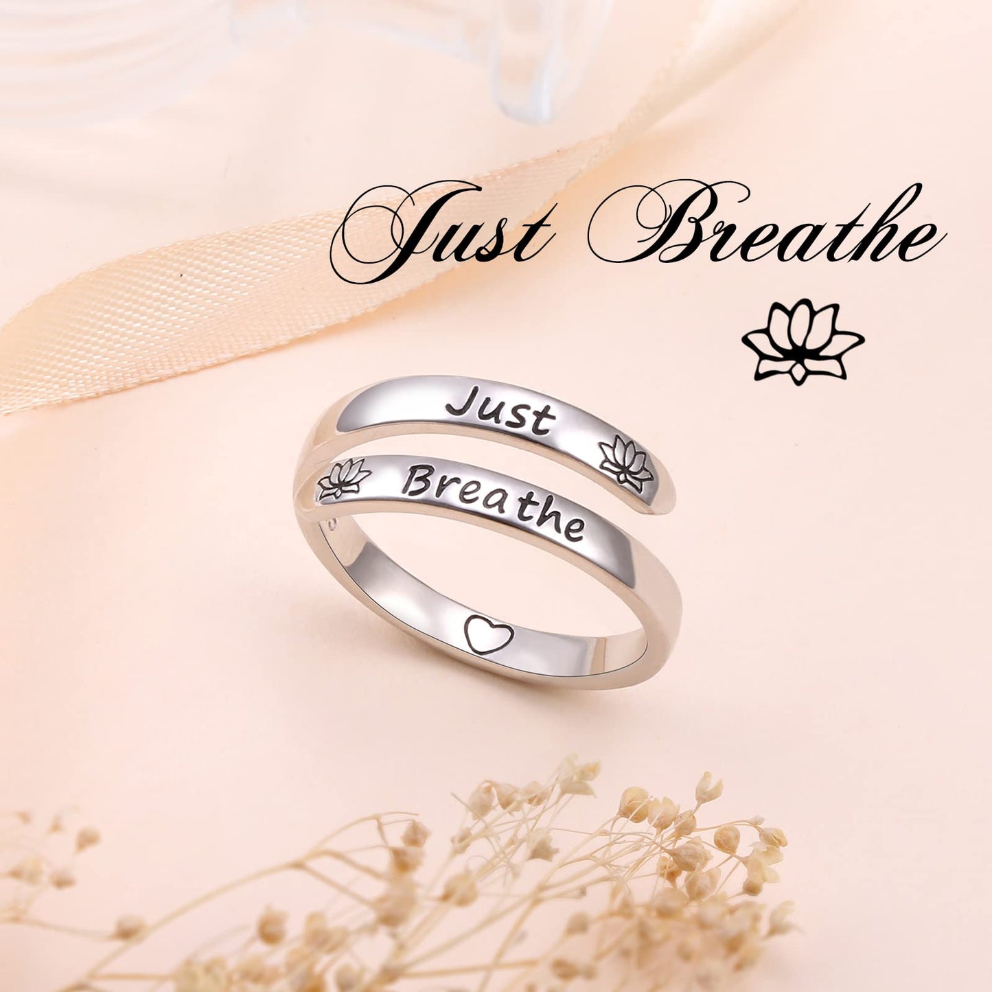 Ladytree Adjustable Inspirational Rings 925 Sterling Silver Yoga Lotus Flower Stacking Wrap Spiral Twist Statement Band Encouragement Jewelry Heartfelt Gifts for Women Yoga Lover(Just Breathe)
