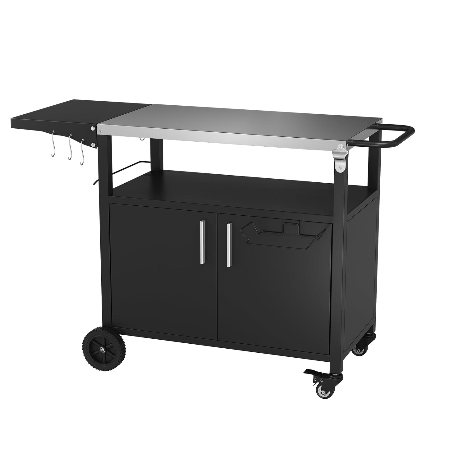 Vongrasig Grill Cart with Storage, Outdoor Bar Cart Rolling BBQ Movable Pizza Oven Table Stand with Foldable Stainless Steel Top & Storage Cabinet, Black