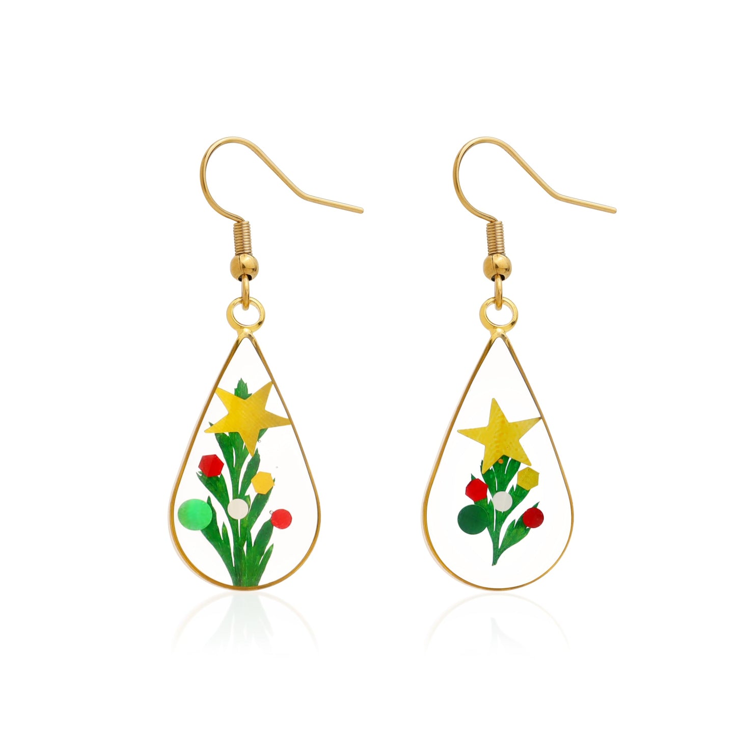 Jean Beau Handmade Pressed Leaf Earrings for Women, Unique Resin Star Green Dried Leaves Gold Plated Teardrop Dangle Drop Nature Floral Earings Fashion Summer Christmas Jewelry Gift