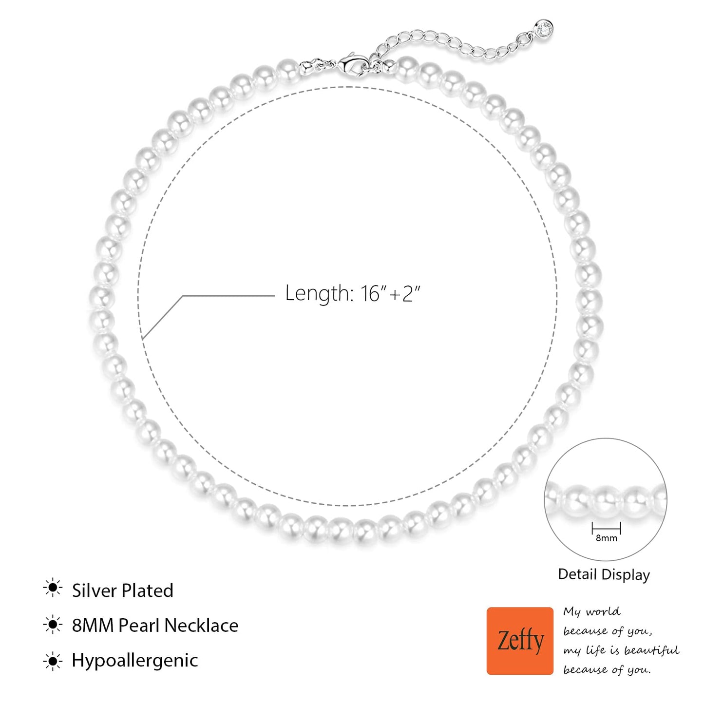 Zeffy Pearl Necklace for Women, 8MM Dainty Round Imitation Pearl Choker Wedding Delicate Jewelry for Women Simple Bridesmaid Jewelry Gifts(16"+2")