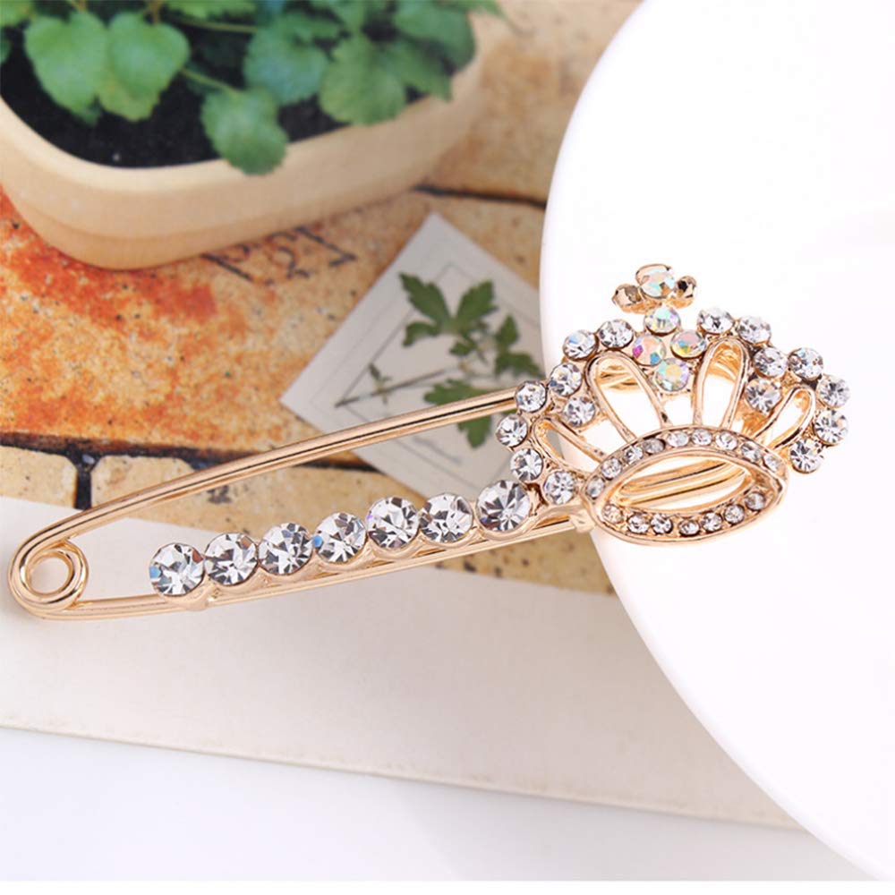 Shiny Crystal Crown Brooch Pin Elegant Rhinestone Royal Princess Safety Brooches Dress Sweater Coat Pins Gold Plated Fashion Jewelry for Women Men (Crown Safety pin)