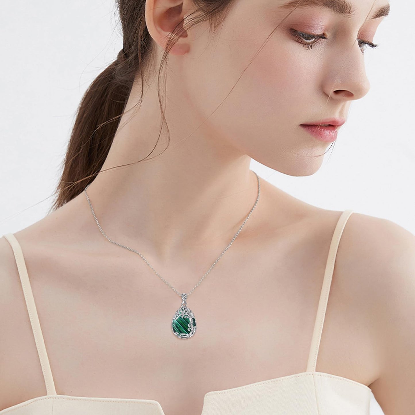 YAFEINI Malachite Necklace for Women 925 Sterling Silver Tree of Life Teardrop Pendant Necklace Jewelry Gift (RR-Tree of Life Malachite Necklace)