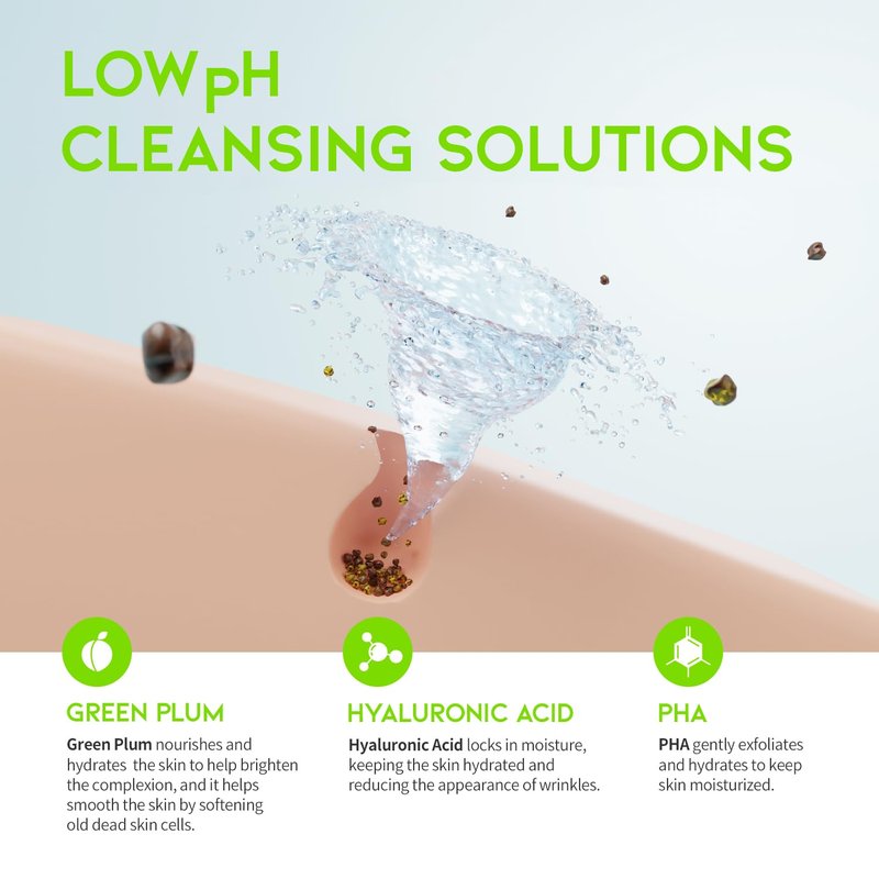 #OOTD Hydrating Facial Cleanser, Gentle Soothing Korean Cleanser Face Wash for Acne-prone Sensitive Skin. Green Plum Low pH Cleansing Gel 200ml 6.76 Fl. Oz.
