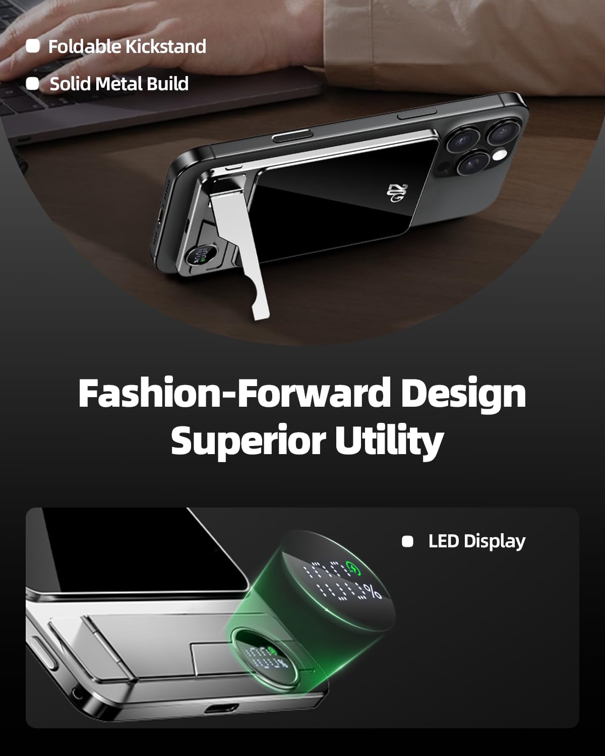 Magnetic Portable Charger 10000mAh 20W PD Fast Charging Foldable Stand & LED Display Magnetic Power Bank,Built-in USB-C Cable Battery Pack Compatible for iPhone 17/16/15/14/13/12 Series (10000mAh)